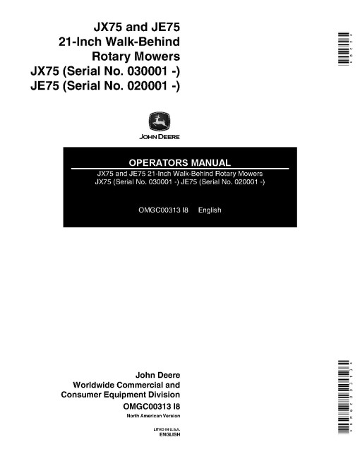 John Deere JE75 (SN:020001-030000) and JX75 (SN:030001-200000) Walk-Behind Mowers (North America) Operators Manual (OMGC00313)