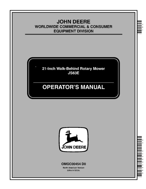 John Deere JS63E Walk-Behind Mowers (SN: 010001 - 100000) (North America) Operators Manual (OMGC00454)