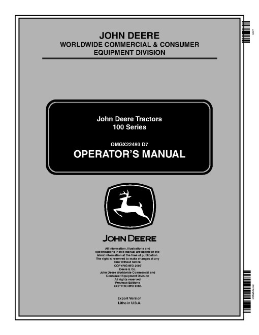 John Deere X110, X120 and X140 (SN: 010001-020000) Lawn Tractors (Export Edition) Operators Manual (OMGX22493)