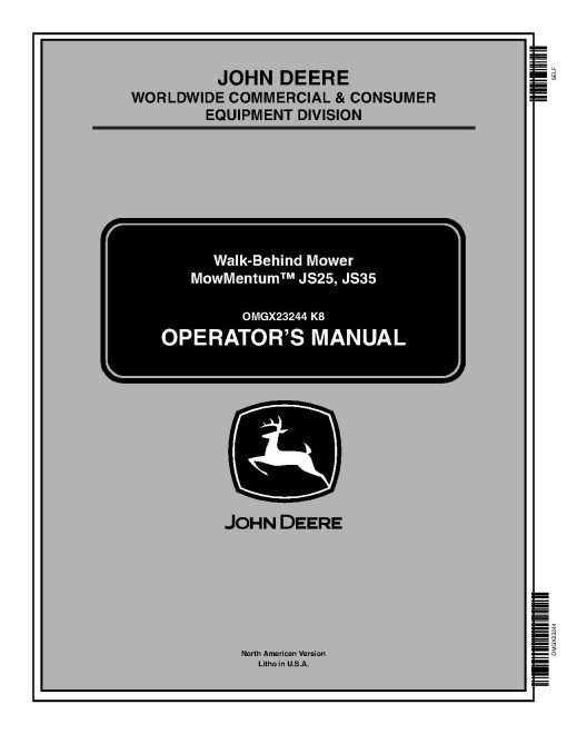 John Deere JS25 and JS35 Walk-Behind Mowers (SN: from 100001) (North America) Operators Manual (OMGX23244)