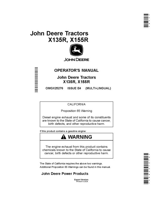 John Deere X135R and X155R (SN: 058001-100000) Lawn Tractors (Export Edition) Operators Manual (OMGX25276)