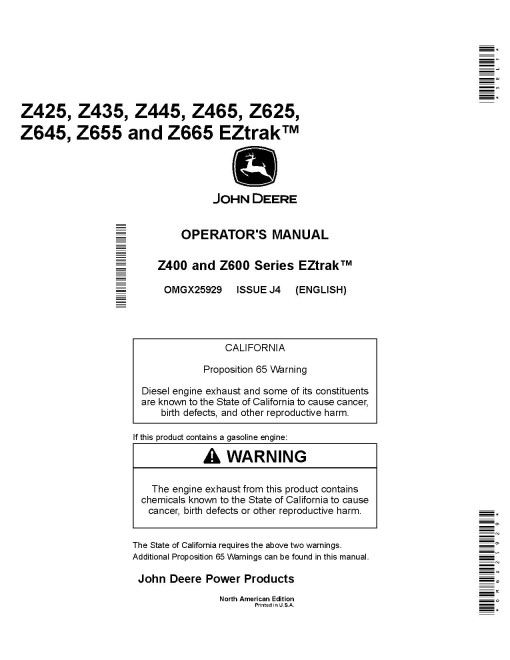 John Deere EZTrak Z425, Z435, Z445, Z465, Z625, Z645, Z655, Z665 (SN:170001) Zero-Turn Mowers (North America) Operators Manual (OMGX25929)