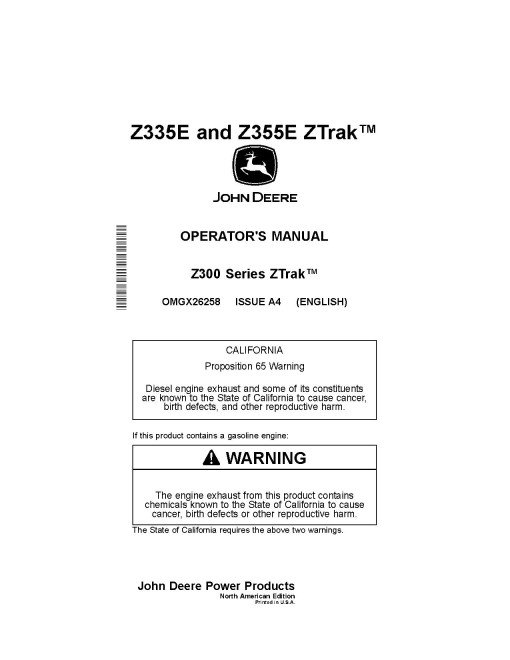 John Deere ZTrak Z335E and Z355E (SN: 010001-050000) Zero-Turn Mowers (North America) Operators Manual (OMGX26258)