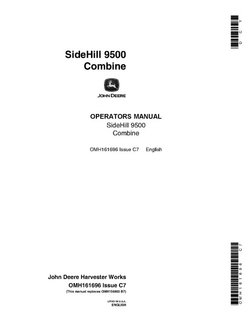 John Deere SideHill 9500 Combines Operators Manual (OMH161696)