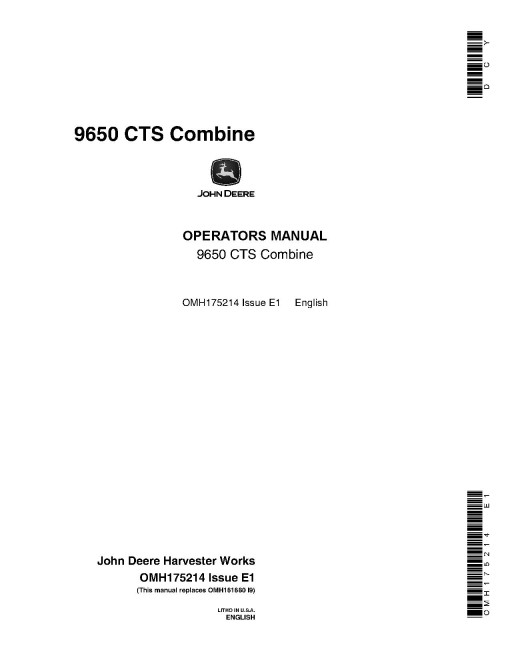 John Deere 9650 CTS Combines (SN: 690401 - 695400) (North America) Operators Manual (OMH175214)