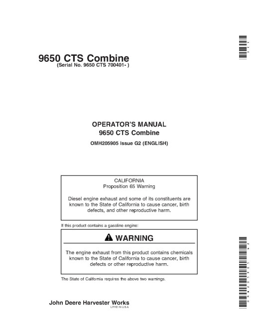 John Deere 9650 CTS Combines (SN: 700401 - 705400) (North America) Operators Manual (OMH205905)