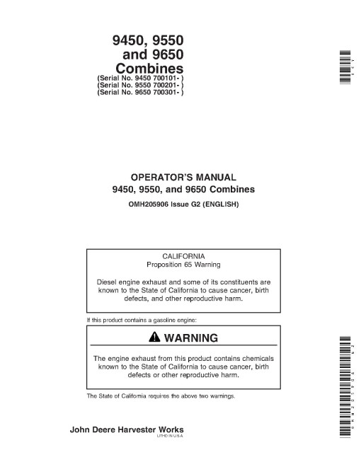 John Deere 9450 (SN: from 700101), 9550 (SN: from 700201) and 9650 (SN: from 700301) Combines Operators Manual (OMH205906)