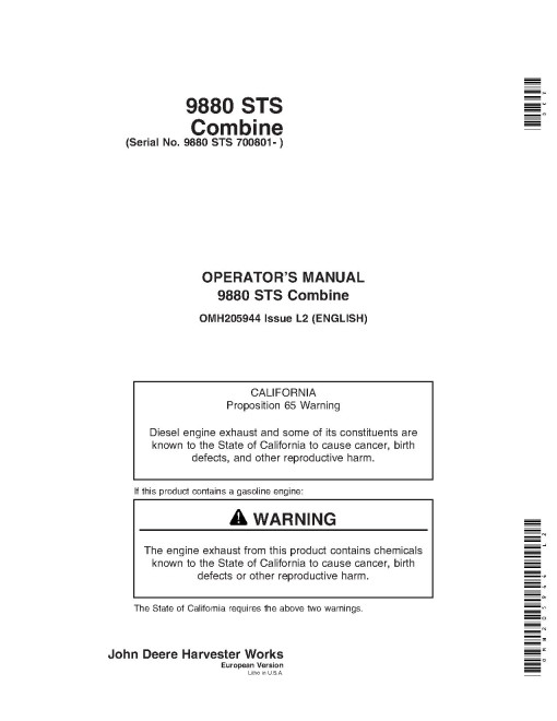 John Deere 9880 STS Combines (SN: 700801 - 705800) (Europe) Operators Manual (OMH205944)