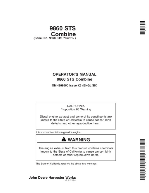John Deere 9860 STS Combines (SN: 705701 - 710700) Operators Manual (OMH208560)