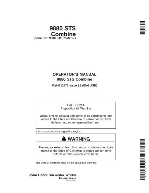 John Deere 9880 STS Combines (SN: from 705801) (Europe) Operators Manual (OMH212173)