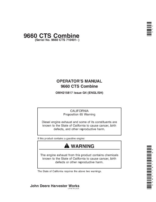 John Deere 9660 CTS Combines (SN: from 710401) Operators Manual (OMH215817)