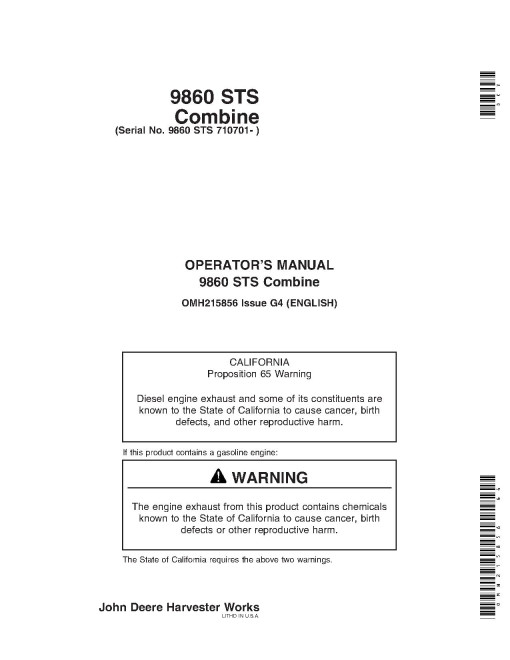 John Deere 9860 STS Combines (SN: 710701 - 715600) Operators Manual (OMH215856)
