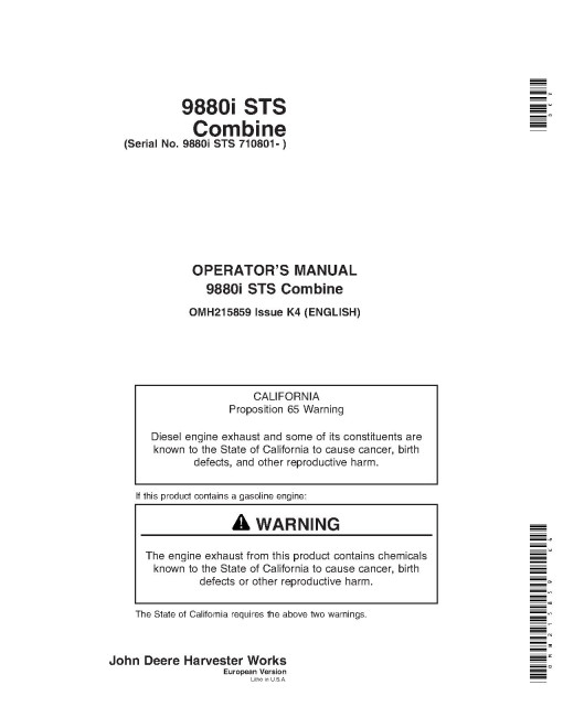 John Deere 9880i STS Combines (SN: 710801 - 715700) (Europe) Operators Manual (OMH215859)