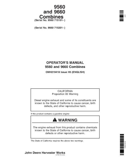 John Deere 9560 (SN: from 715101) and 9660 (SN: from 715201) Combines Operators Manual (OMH219418)