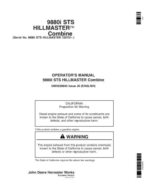 John Deere HillMaster 9880i STS Combines (SN: from 720701) (Europe) Operators Manual (OMH228645)