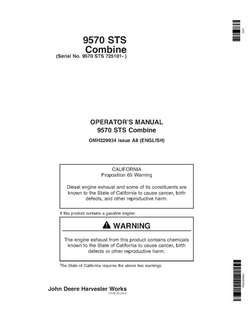 John Deere 9570 STS Combines (SN: 725101 - 730100) Operators Manual (OMH229934)