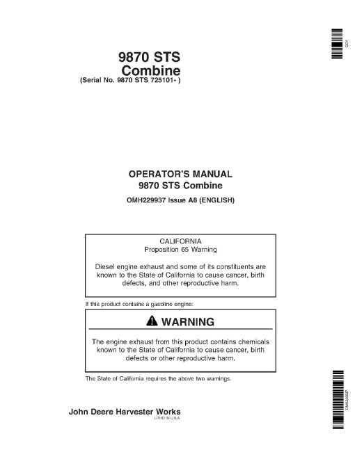 John Deere 9870 STS Combines (SN: 725101 - 730100) Operators Manual (OMH229937)