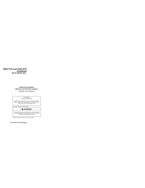 John Deere 9660 STS (SN: 715401 - 720300) and 9760 STS (SN: 715501 - 720400) Combines Operators Manual (OMH230231)