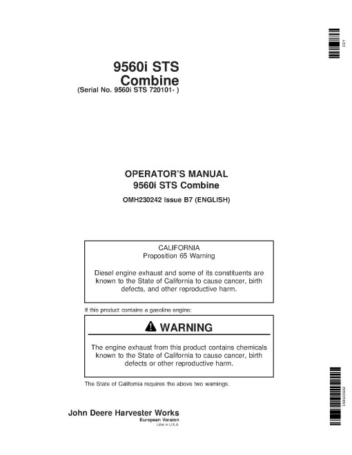 John Deere 9560i STS Combines (SN: 720101 - 720200) (Europe) Operators Manual (OMH230242)