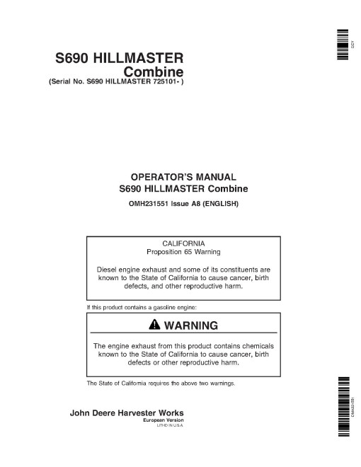 John Deere HillMaster S690 Combines (SN: 725101 - 730100) (Europe) Operators Manual (OMH231551)