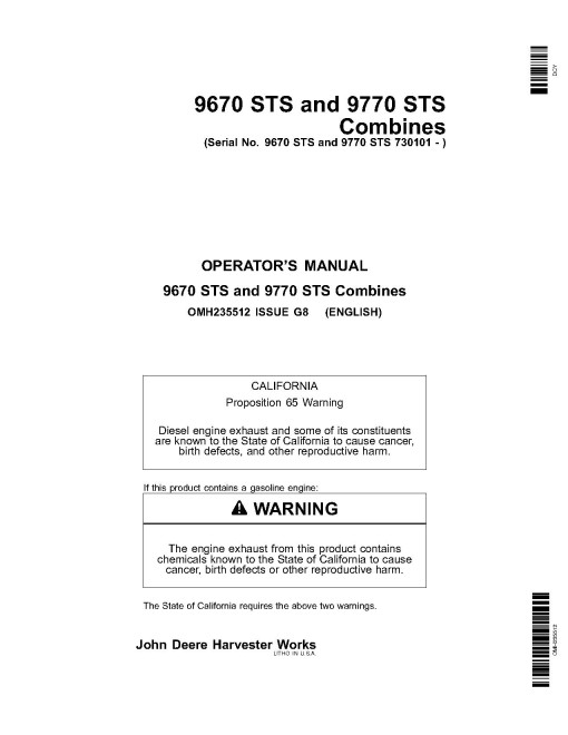John Deere 9670 STS (SN: 730101 - 735200) and 9770 STS (SN: 730101 - 735300) Combines Operators Manual (OMH235512)