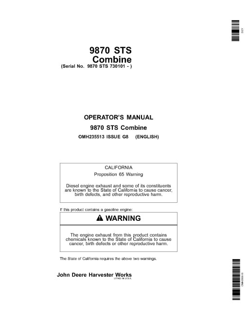 John Deere 9870 STS Combines (SN: 730101 - 735400) Operators Manual (OMH235513)