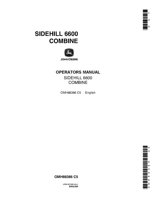 John Deere 6600, SideHill 6600 (SN:163901-206200), 7700 (SN:163901-213300) Combines (N.America) Operators Manuals (OMH88381-OMH88386)