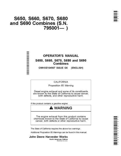 John Deere S650, S660, S670, S680 and S690 Combines (SN: from 795001) (North America) Operators Manual (OMHXE104567)