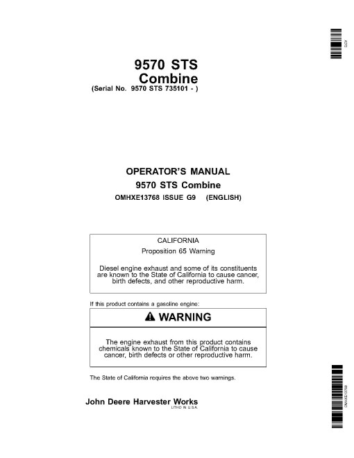 John Deere 9570 STS Combines (SN: 735101 - 740100) Operators Manual (OMHXE13768)