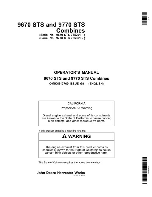 John Deere 9670 STS (SN: 735201 - 740100) and 9770 STS (SN: 735301 - 740100) Combines Operators Manual (OMHXE13769)