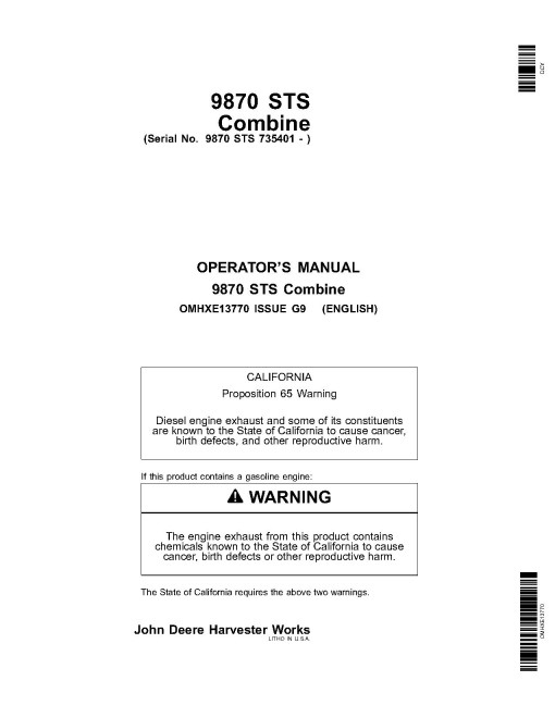 John Deere 9870 STS Combines (SN: 735401 - 740100) Operators Manual (OMHXE13770)