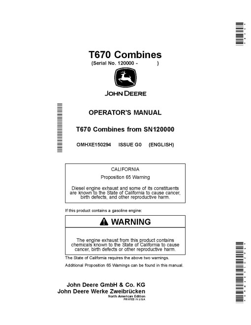 John Deere T670 Combines (SN: 120000 - 129999) (North America) Operators Manual (OMHXE150294)