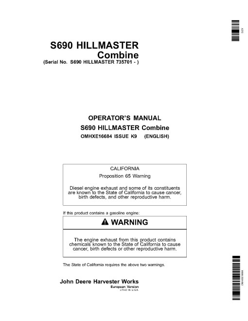 John Deere HillMaster S690 Combines (SN: 735701 - 740100) (Europe) Operators Manual (OMHXE16684)