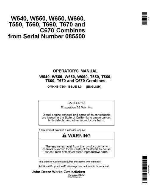 John Deere C670, T550, T560, T660, T670, W540, W550, W650, W660 Combines (SN:085500-101999) (Europe) Operators Manual (OMHXE17664)