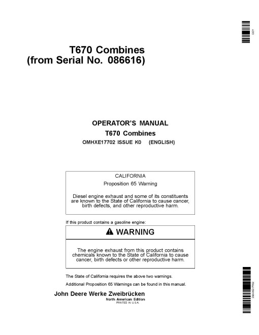 John Deere T670 Combines (SN: 085500 - 109999) (North America) Operators Manual (OMHXE17702)