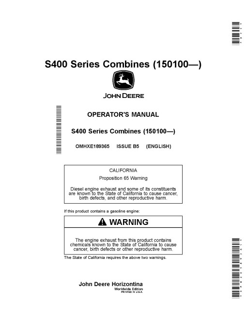 John Deere S430 and S440 Combines with Onscreen Help (SN: from 150100) Operators Manual (OMHXE189365)