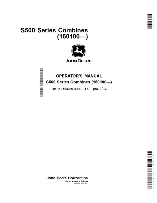 John Deere S550 Combines (SN: from 150100) (South America) Operators Manual (OMHXE193059)