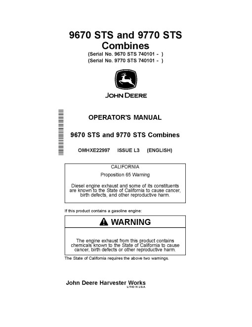 John Deere 9670 STS and 9770 STS Combines (SN: from 740101) Operators Manual (OMHXE22997)