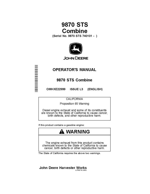 John Deere 9870 STS Combines (SN: from 740101) Operators Manual (OMHXE22999)