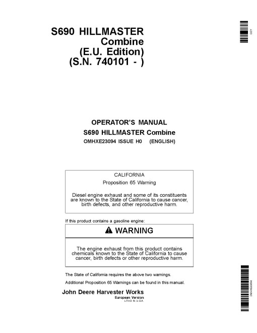 John Deere HillMaster S690 Combines (SN: 740101 - 745100) (Europe) Operators Manual (OMHXE23094)