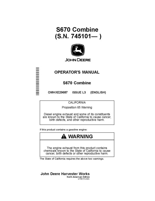 John Deere S670 Combines (SN: 745101 - 755000) (North America) Operators Manual (OMHXE29687)