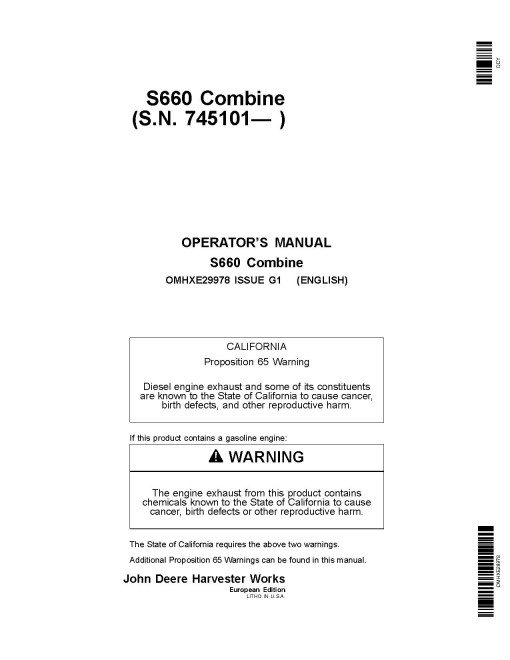 John Deere S660 Combines (SN: 745101 - 755000) (Europe) Operators Manual (OMHXE29978)
