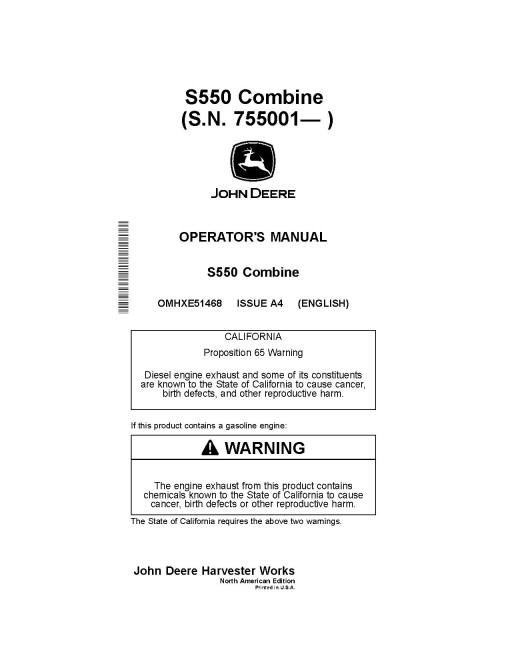 John Deere S550 Combines (SN: from 755001) (North America) Operators Manual (OMHXE51468)