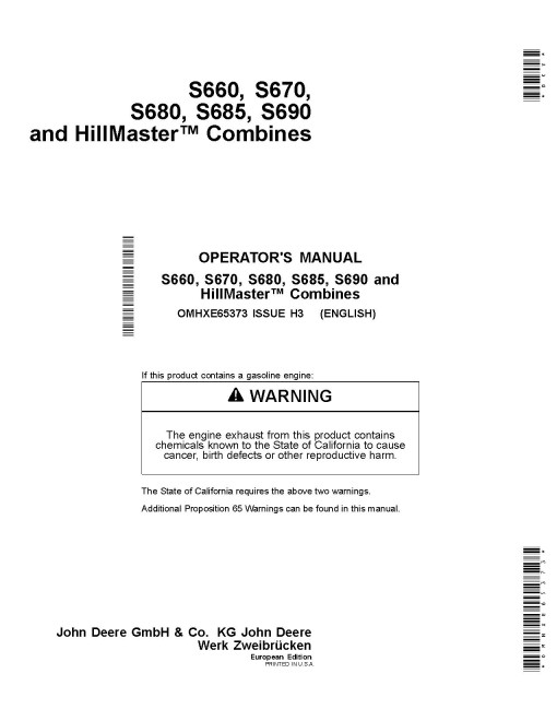 John Deere S660, S670, S680, S685, S690 and HillMaster Combines (MY2014) (Europe) Operators Manual (OMHXE65373)