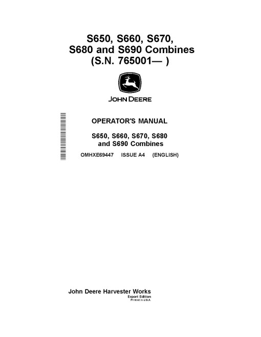 John Deere S650, S660, S670, S680, S690 Combines (SN:765001-775000), Text  free safety decals (Export) Operators Manual (OMHXE69447)