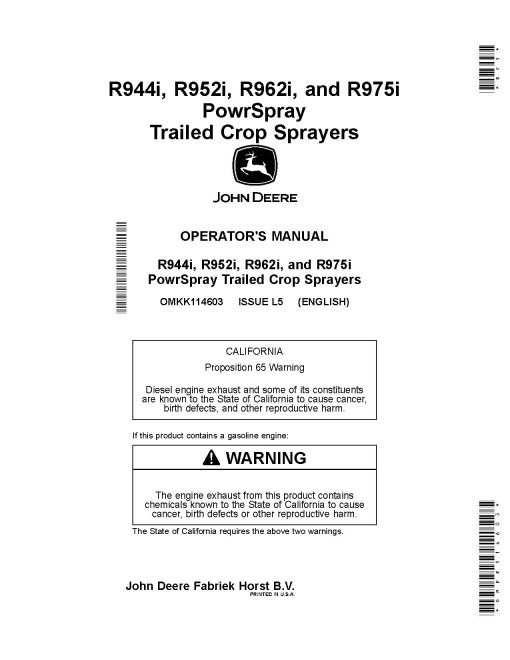 John Deere R944i, R952i, R962i and R975i Trailed Crop Sprayers (from MY2021) (Europe) Operators Manual (OMKK114603)