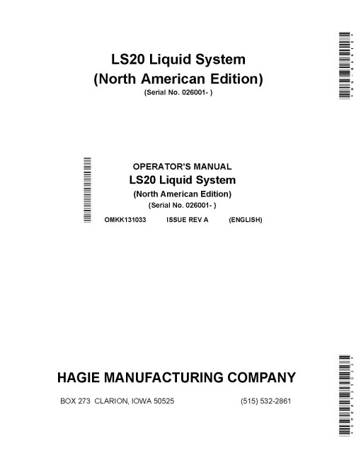 John Deere LS20 Mounted Sprayers (SN: from 260001) (North America) Operators Manual (OMKK131033)