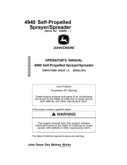 John Deere 4940 Self-Propelled Sprayer/Spreaders (SN: from 028001) (North America) Operators Manual (OMKK13308)