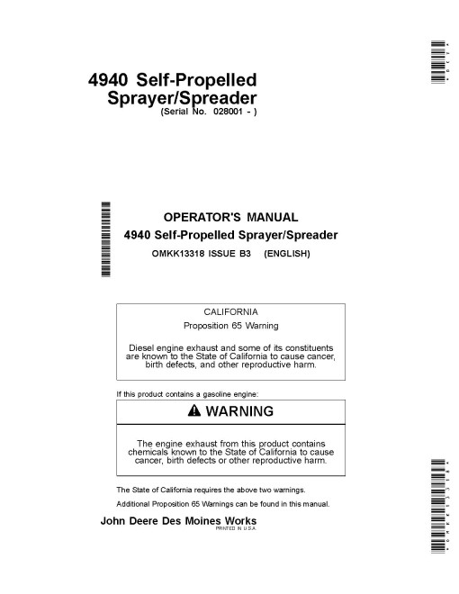 John Deere 4940 Self-Propelled Sprayer/Spreaders (SN: from 028001) (Europe) Operators Manual (OMKK13318)