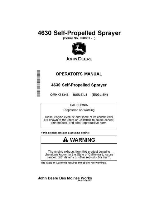 John Deere 4630 Self-Propelled Sprayers (SN: 028001 - 033000) (North America) Operators Manual (OMKK13343)